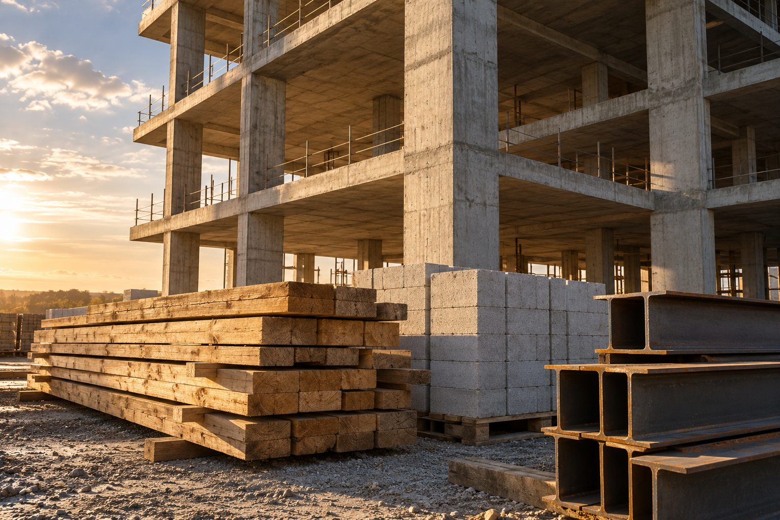 Concrete building frame with timber, masonry blocks and structural steel